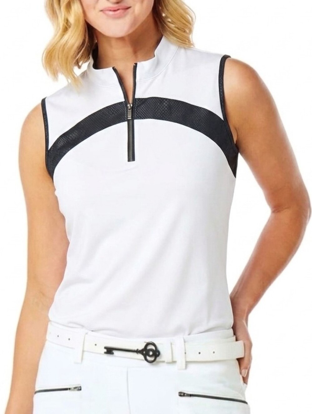 Tail Golf Shirt Womens Large White Black Sleeveless Tennis Top Mock Neck 1/4 Zip